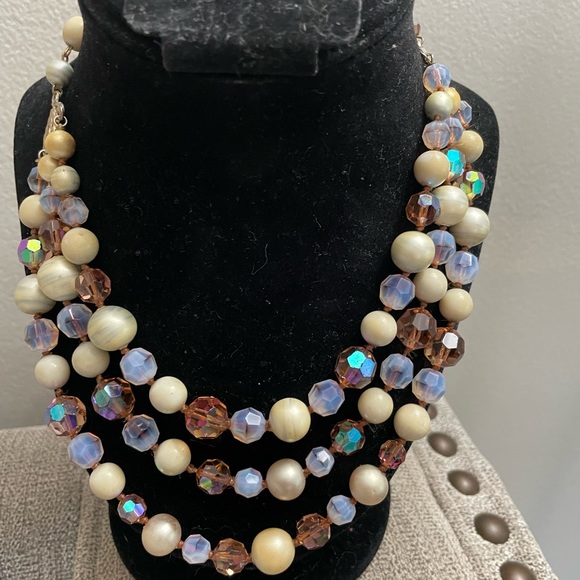 Purple brown cream colored glass beaded necklace - Picture 3 of 6